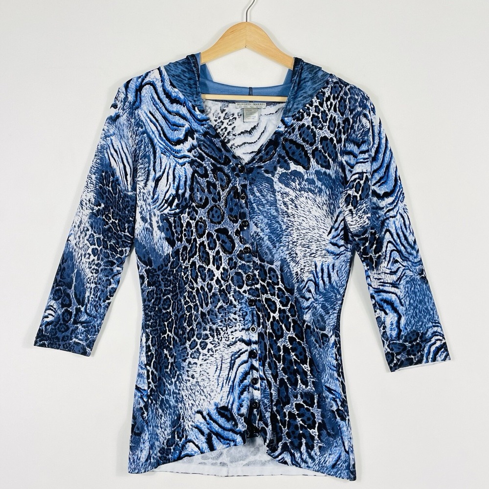 Alberto Makali Hooded Cardigan Womens Medium Blue Animal Beaded Y2K Mob Wife